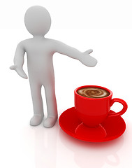 Image showing 3d people - man, person presenting - Mug of coffee with milk