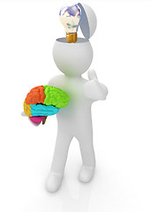 Image showing 3d people - man with half head, brain and trumb up. Idea concept