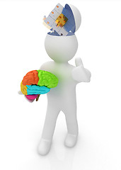 Image showing 3d people - man with half head, brain and trumb up. Idea concept