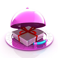 Image showing Illustration of a luxury gift on restaurant cloche on a white ba