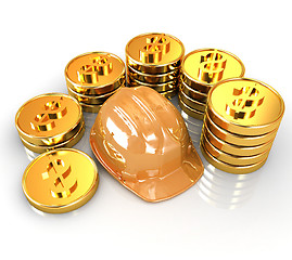 Image showing gold coin ctack around hard hat on a white background 