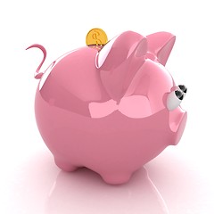 Image showing Piggy bank with gold coin on white