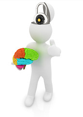 Image showing 3d people - man with half head, brain and trumb up. The concept 