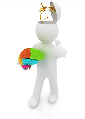 Image showing 3d people - man with half head, brain and trumb up. Time concept