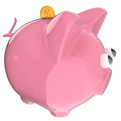 Image showing Piggy bank with gold coin on white