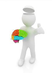 Image showing 3d people - man with half head, brain and trumb up. 