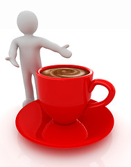 Image showing 3d people - man, person presenting - Mug of coffee with milk