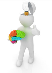 Image showing 3d people - man with half head, brain and trumb up. Idea concept