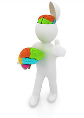 Image showing 3d people - man with half head, brain and trumb up. 