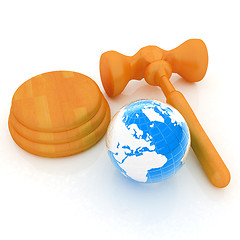 Image showing Wooden gavel and earth isolated on white background. Global auct