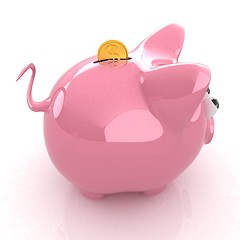 Image showing Piggy bank with gold coin on white