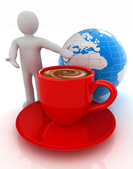 Image showing 3d people - man, person presenting - Mug of coffee with milk. Gl