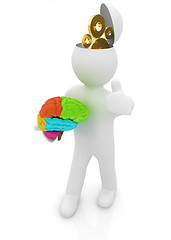 Image showing 3d people - man with half head, brain and trumb up. Concept of t