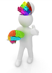 Image showing 3d people - man with half head, brain and trumb up. Idea concept