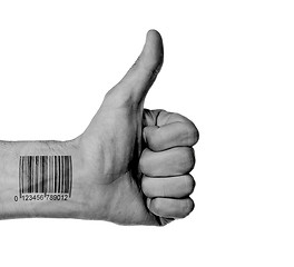 Image showing Thumb up with barcode