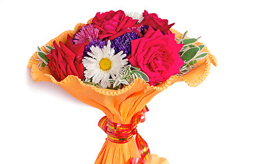 Image showing Bunch of flowers: roses, asters, camomiles on a white background