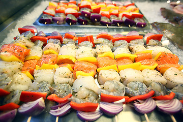 Image showing Colorful seafood skewers