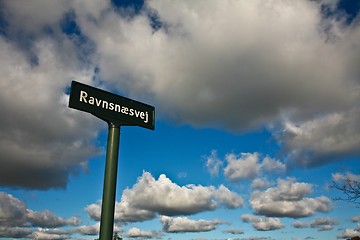 Image showing Ravnnaesvej sign and blue sky