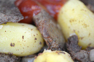 Image showing Fried pork liver with tomatoes and potatoes