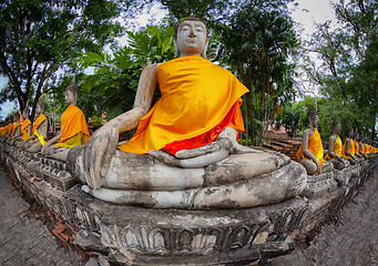 Image showing Row of Buddha statues in the old temple. Thailand, Ayutthaya