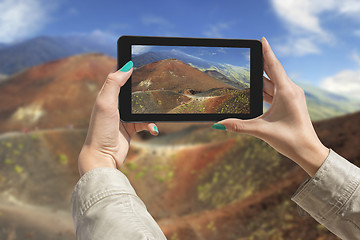 Image showing Photographing Etna volcano with tablet