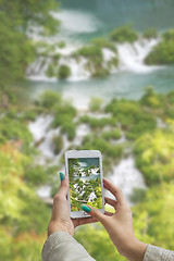 Image showing  Photographing Plitvice Lakes with cellphone