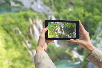 Image showing Photographing Plitvice Lakes with tablet