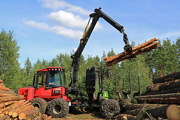 Image showing Operator Stacking up Logs with Komatsu 830.3 Forestry Forwarder