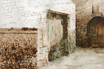 Image showing landscape drawing with watercolor textures