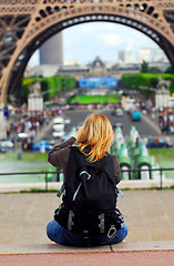 Image showing Tourist at Eiffel tower