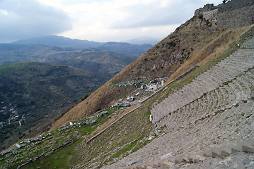 Image showing The view of the theatre stairs in acropolis, old Pergam city