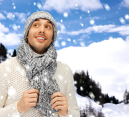 Image showing handsome man in warm sweater, hat and scarf