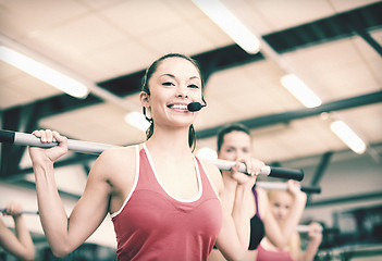 Image showing group of smiling people working out with barbells