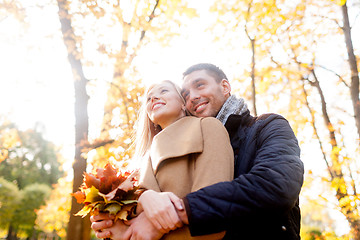 Image showing smiling couple hugging in autumn park