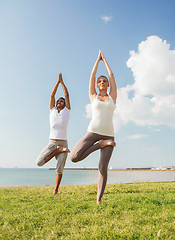 Image showing smiling couple making yoga exercises outdoors