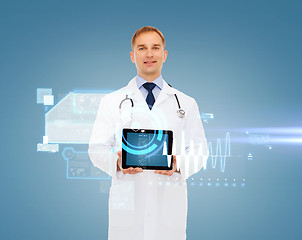 Image showing smiling male doctor with stethoscope and tablet pc