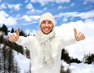 Image showing handsome man in warm sweater, hat and scarf