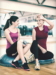 Image showing two smiling women sitting on the half balls