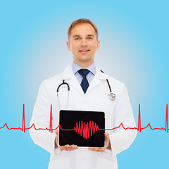 Image showing smiling male doctor with stethoscope and tablet pc