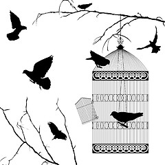 Image showing Fyling birds and cage silhouettes