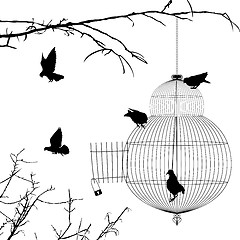 Image showing Open cage and birds silhouettes