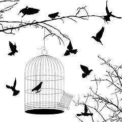 Image showing Birds and cage silhouettes