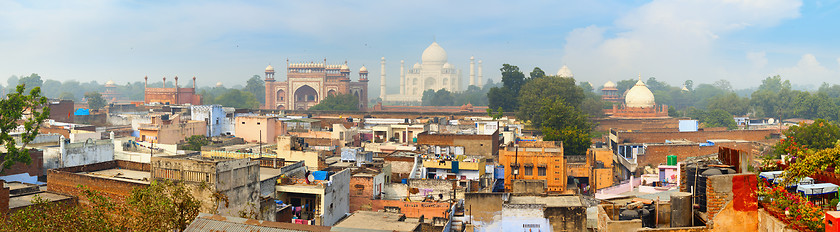 Image showing Panorama of the ancient Agra city. The famous mausoleum Taj Maha