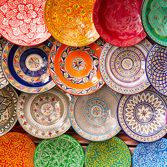 Image showing Traditional arabic colorful clay plates.