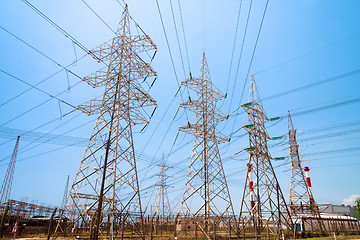 Image showing High-voltage power transmission towers.