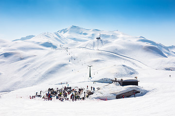 Image showing Skiers on ski lift at Vogel, Slovenia.