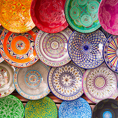 Image showing Traditional arabic colorful clay plates.