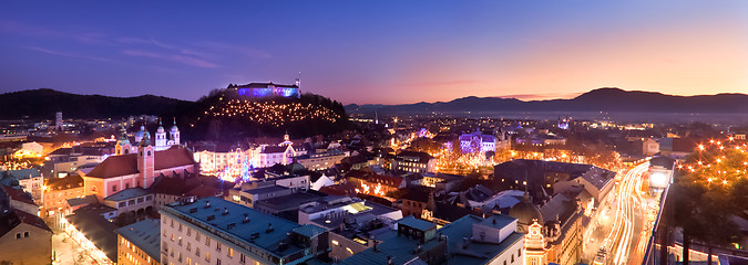 Image showing Panorama of Ljubljana at dusk.