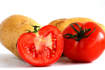 Image showing Potatoes and sliced tomatoes