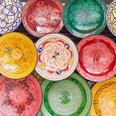 Image showing Traditional arabic colorful clay plates.